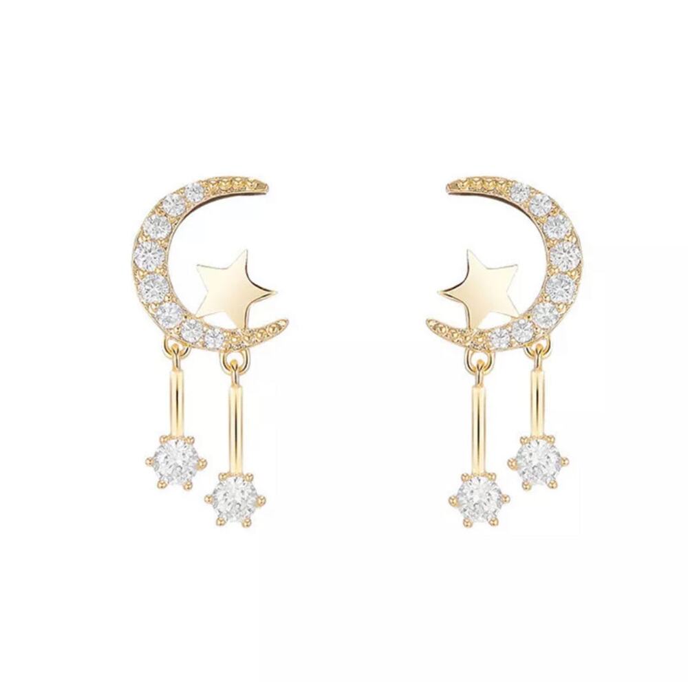 Aibhne Moon Star Gold Crystal Dainty Gold Earrings 4-i-7-05